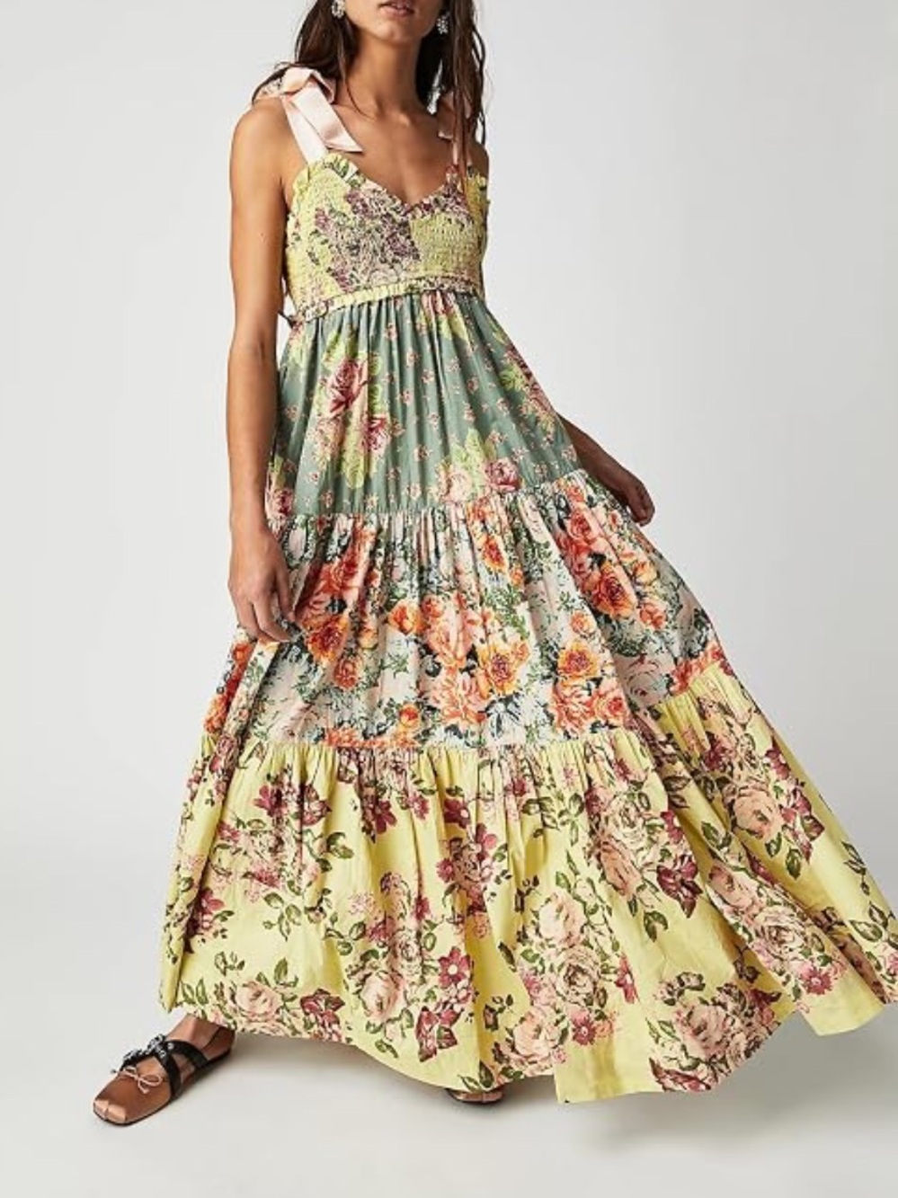 Free People bluebell Yellow Floral Patchwork Tiered Maxi Dress - Picture 3 of 6